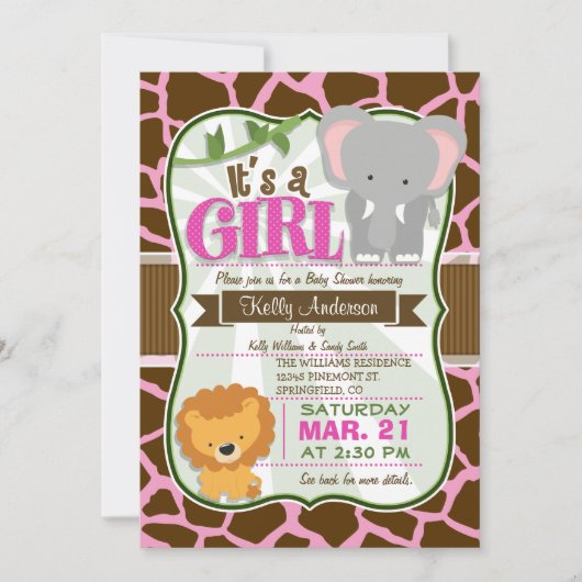 Invitation Safari Elephant, Lion, Giraffe Baby shower d'impre (Devant)