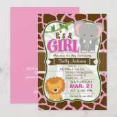 Invitation Safari Elephant, Lion, Giraffe Baby shower d'impre (Devant / Derrière)