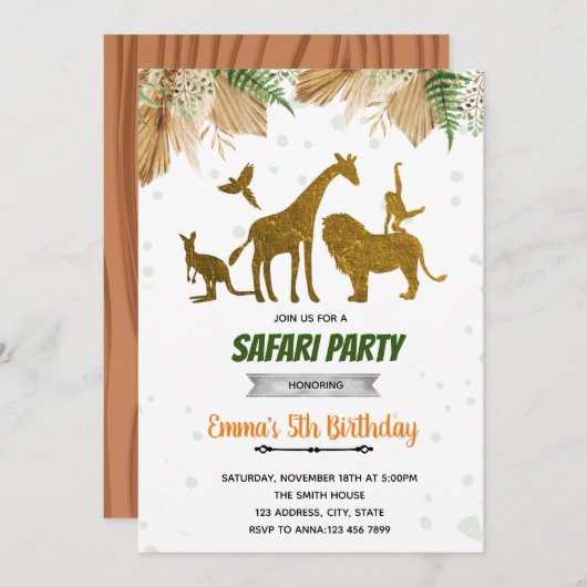 Invitation safari en or bleu Boho (Devant / Derrière)
