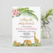 Invitation safari floral rose d'or rose animaux fille anniver (Debout devant)