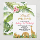 Invitation safari floral rose d'or rose animaux fille anniver (Devant / Derrière)