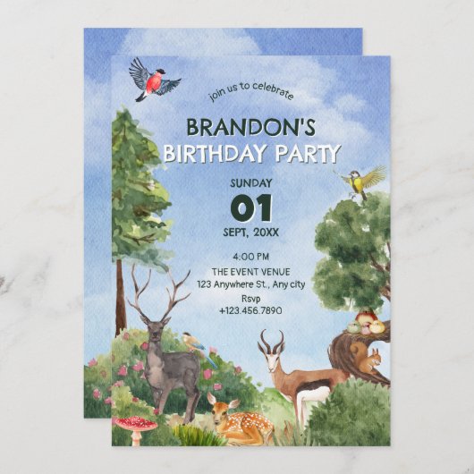 Invitation Safari forest birthday (Devant / Derrière)