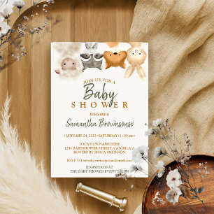 Invitation Safari Forêt Animal Mouton Raccoon Fox Rabbit Baby