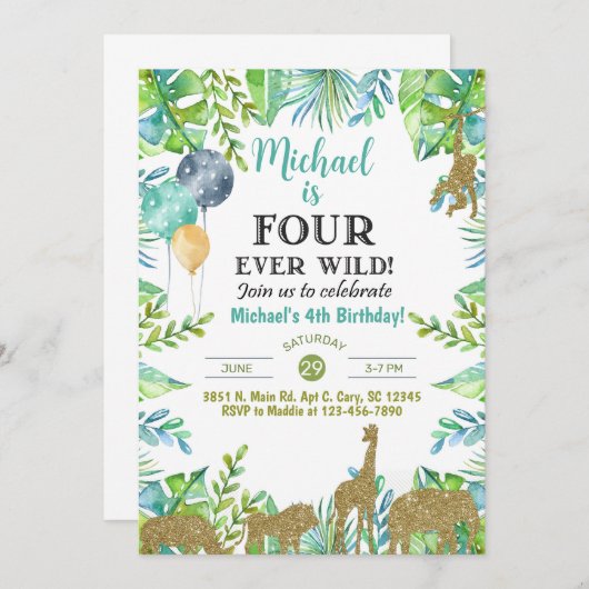 Invitation Safari Fourever Wild boy 4th birthday invitation. (Devant / Derrière)