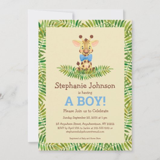 Invitation Safari Giraffe Aquarelle Cute Boy Baby shower (Devant)