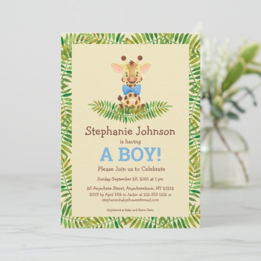 Invitation Safari Giraffe Aquarelle Cute Boy Baby shower (Debout devant)