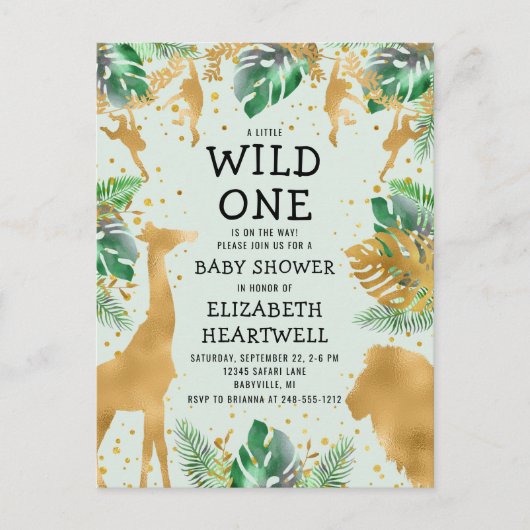 Invitation Safari Green Gold Neutral Baby shower (Devant)