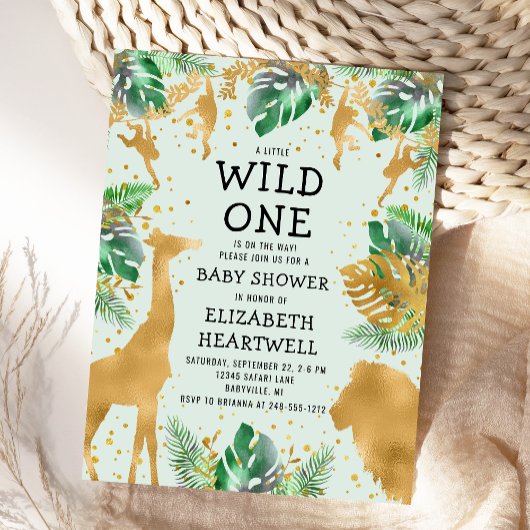Invitation Safari Green Gold Neutral Baby shower