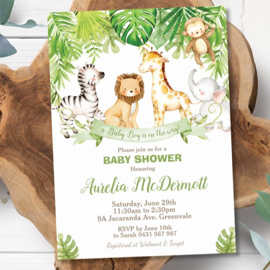 Invitation Safari Jungle Animaux Baby shower Boy Green Forest