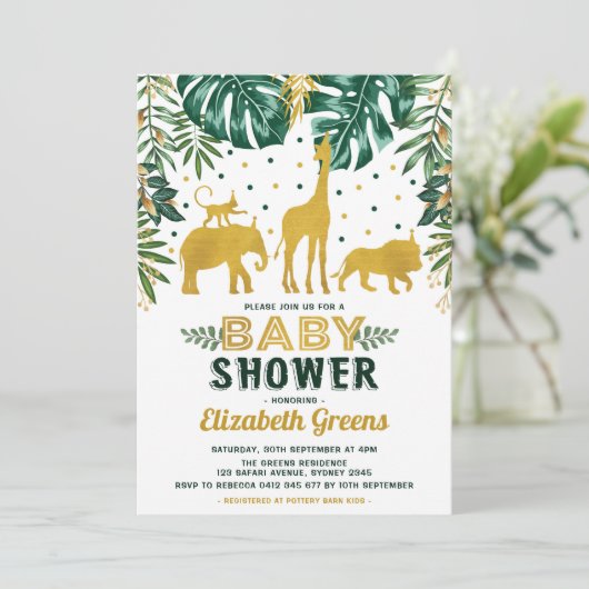 Invitation Safari Jungle Animaux Baby shower Feuilles tropica (Debout devant)