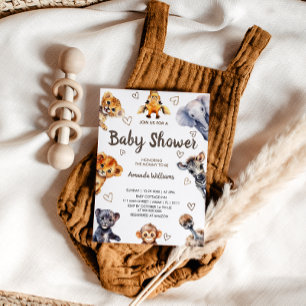 Invitation Safari Jungle Animaux & Coeurs Baby shower moderne