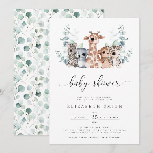 Invitation Safari Jungle Animaux Eucalyptus Baby shower Invit (Devant / Derrière)