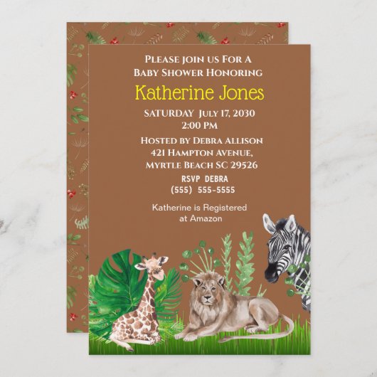 Invitation Safari Jungle Animaux garçon Baby shower Invitatio (Devant / Derrière)