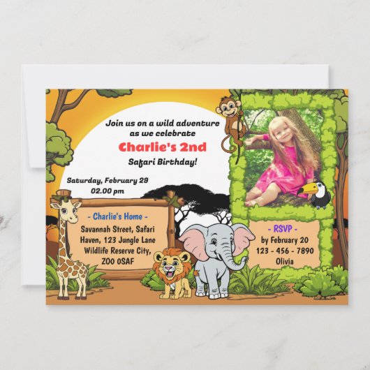 Invitation Safari Jungle Animaux mignons Photo Anniversaire (Devant)