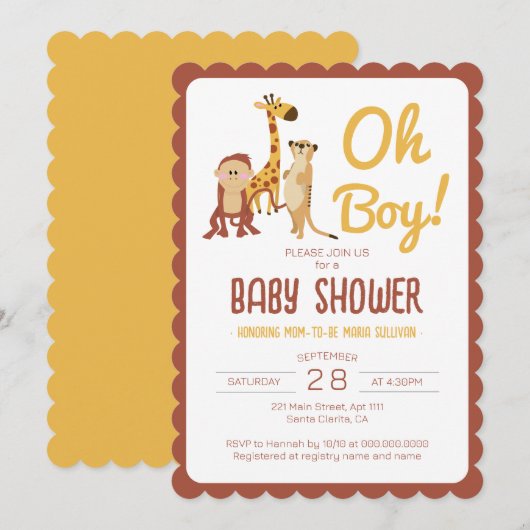 Invitation Safari Jungle Animaux Oh Baby shower Garçon (Devant / Derrière)