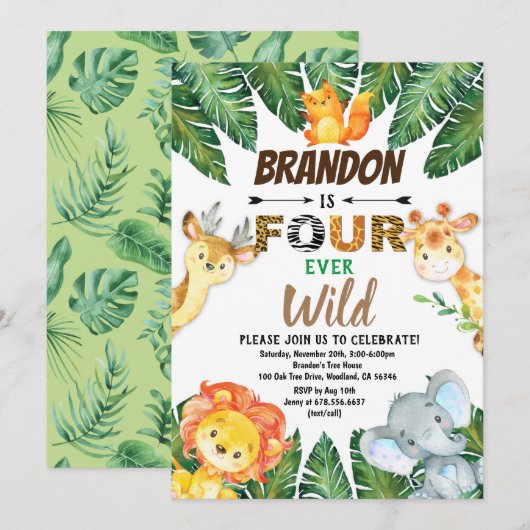 Invitation Safari Jungle Animaux Quatre Ever Wild 4e annivers (Devant / Derrière)