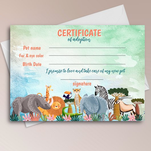 Invitation Safari jungle birthday animal adoption certificate