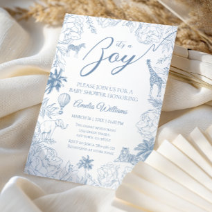 Invitation Safari Jungle Bleu pour Bébé Garçon Fête Animaux