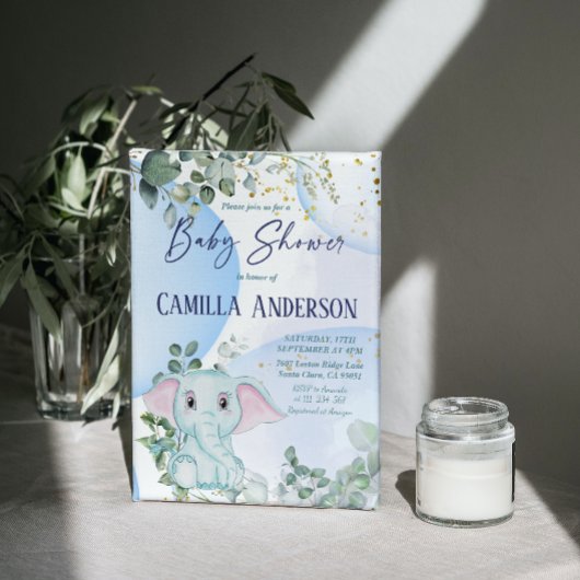 Invitation Safari Jungle Elephant Eucalyptus Bulles bleues