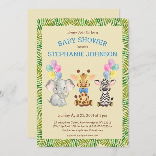 Invitation Safari Jungle Elephant Giraffe Zebra Baby shower (Devant / Derrière)