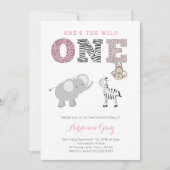 Invitation Safari Jungle rose Gris Premier Anniversaire Pour  (Devant)