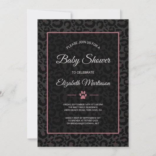 Invitation Safari Leopard Baby shower en or rose noire (Devant)