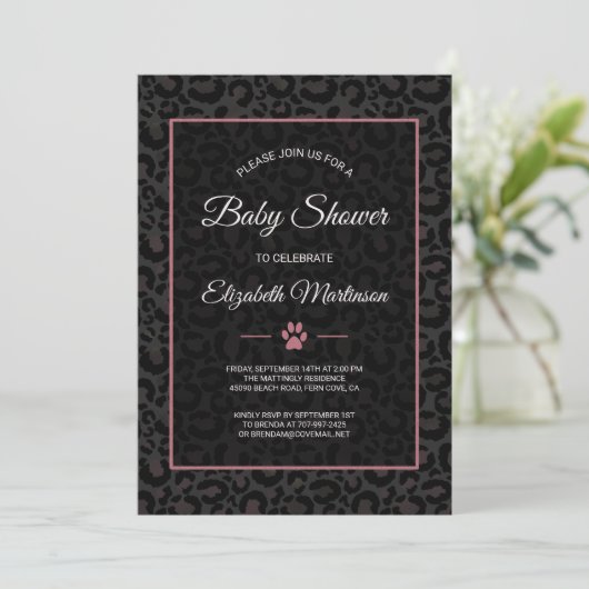 Invitation Safari Leopard Baby shower en or rose noire (Debout devant)