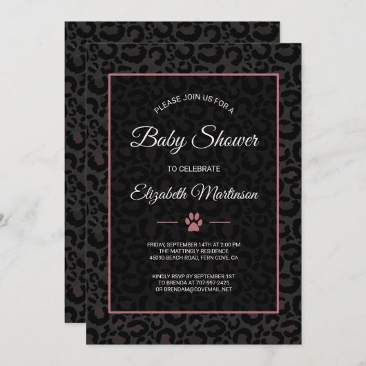 Invitation Safari Leopard Baby shower en or rose noire (Devant / Derrière)