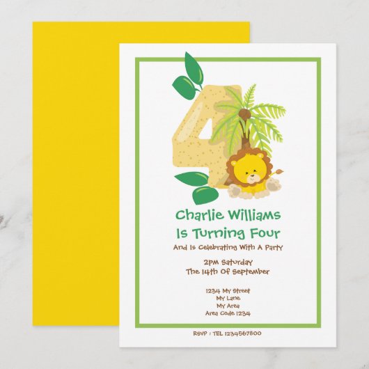 Invitation Safari Lion Quatrième fête d'anniversaire (Devant / Derrière)