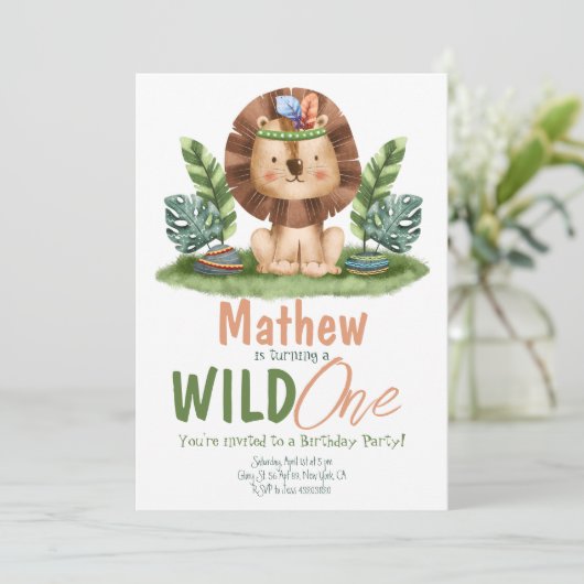 Invitation Safari Lion Tropical Wild One Boy Anniversaire (Debout devant)