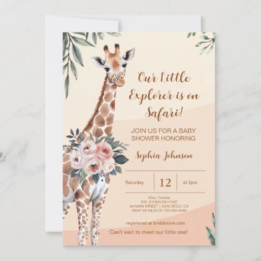Invitation Safari Little Explorer Giraffe Baby shower (Devant)