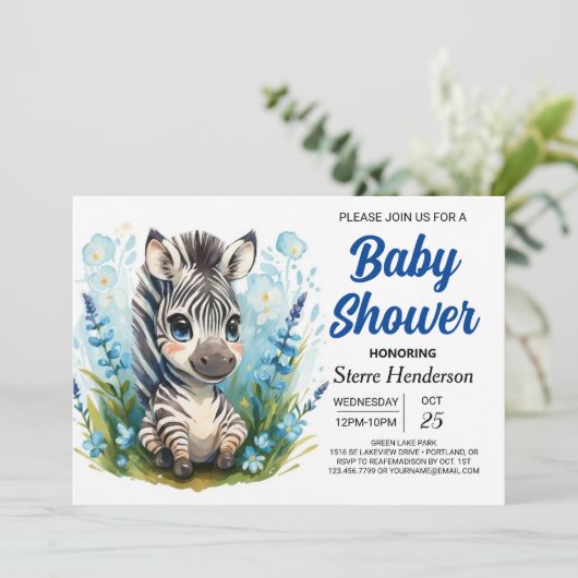 Invitation Safari moderne Enchanted Zebra Boy Baby shower (Debout devant)