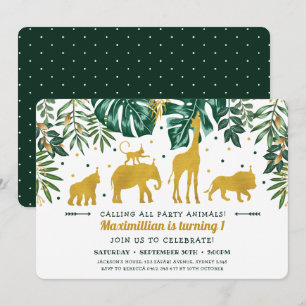 Invitation Safari moderne vert & or Animaux 1er anniversaire