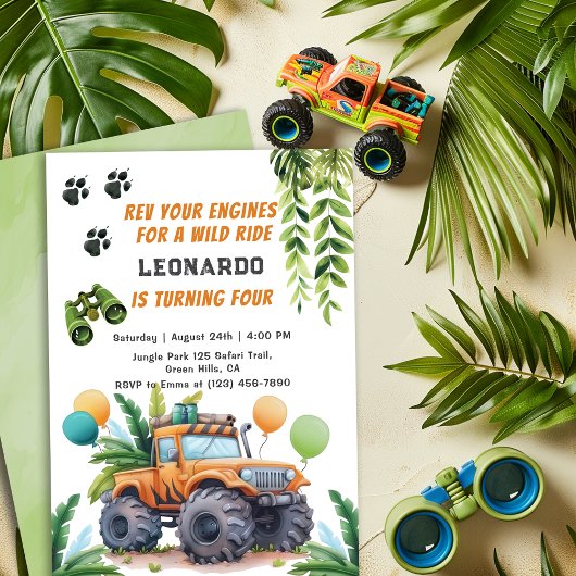 Invitation Safari Monster Truck Jungle Adventure Boy Annivers