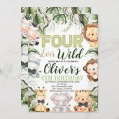 Invitation Safari quatre Ever Wild, 4e Anniversaire animaux d (Devant / Derrière)