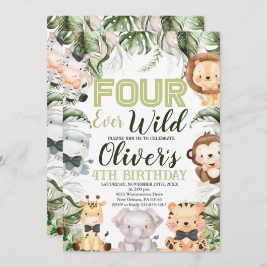 Invitation Safari quatre Ever Wild, 4e Anniversaire animaux d (Devant / Derrière)
