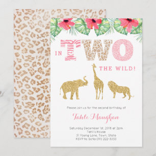 Invitation Safari rose et or sauvage 2e fête d'anniversaire