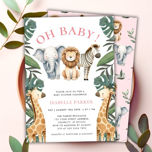 Invitation Safari sauvage Animaux Baby shower fille