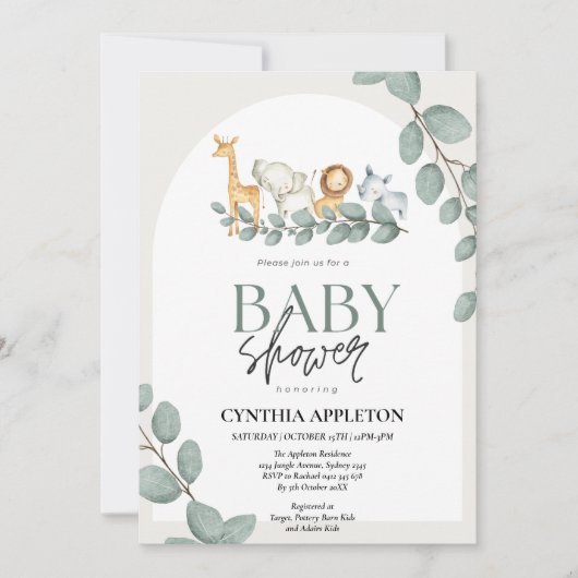 Invitation Safari sauvage Animaux Baby shower Jungle Vert (Devant)