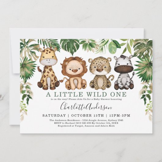 Invitation Safari sauvage Jungle Animaux Baby shower verdoyan (Devant)