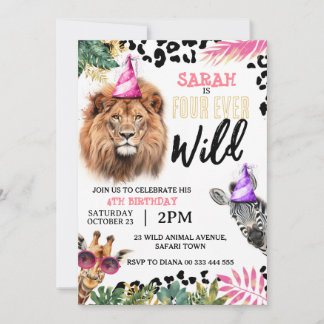 Invitation Safari sauvage quatre-jamais Animaux Fille 4e anni