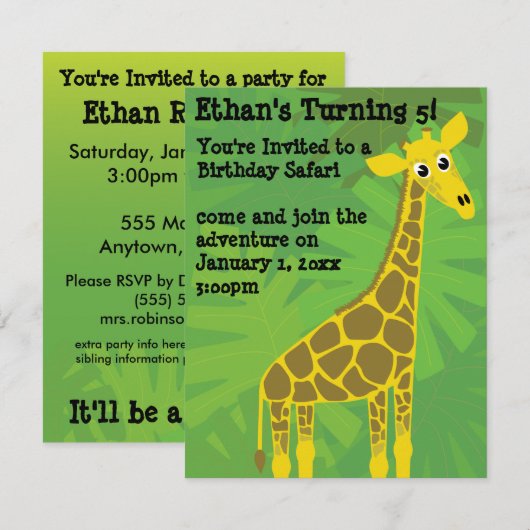Invitation Safari thème anniversaire (Devant / Derrière)