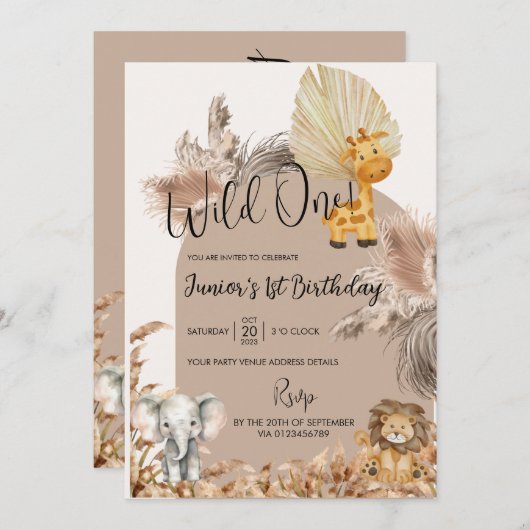 Invitation Safari Thème Wild One 1er Anniversaire de enfant I (Devant / Derrière)
