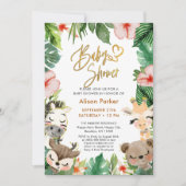 Invitation Safari Tropical Greenery Baby shower Gold Script (Devant)