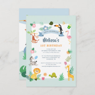 Invitation Safari tropical Jungle Animaux 1er anniversaire