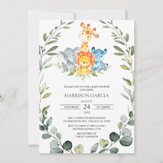 Invitation Safari vert Baby shower animaliers de la Jungle (Devant)