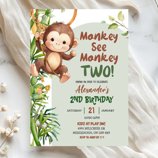 Invitation Safari vert Singe voit singe deux 2e anniversaire