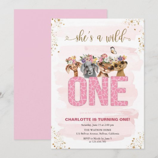 Invitation Safari Wild One 1er anniversaire (Devant / Derrière)