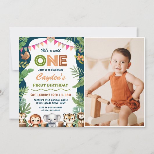 Invitation Safari Wild One 1st Boy Birthday Photo (Devant)