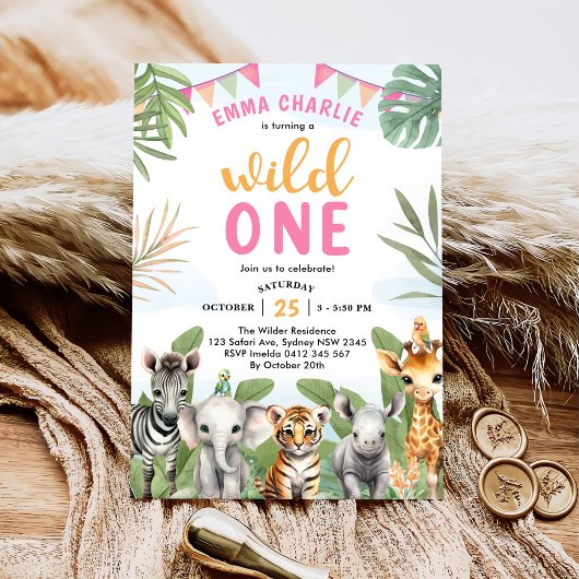 Invitation Safari Wild One 1st Girl Birthday